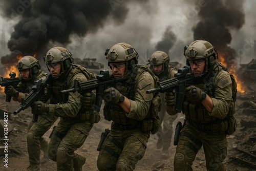 Elite military unit advancing through urban combat zone with tactical equipment and modern warfare technology