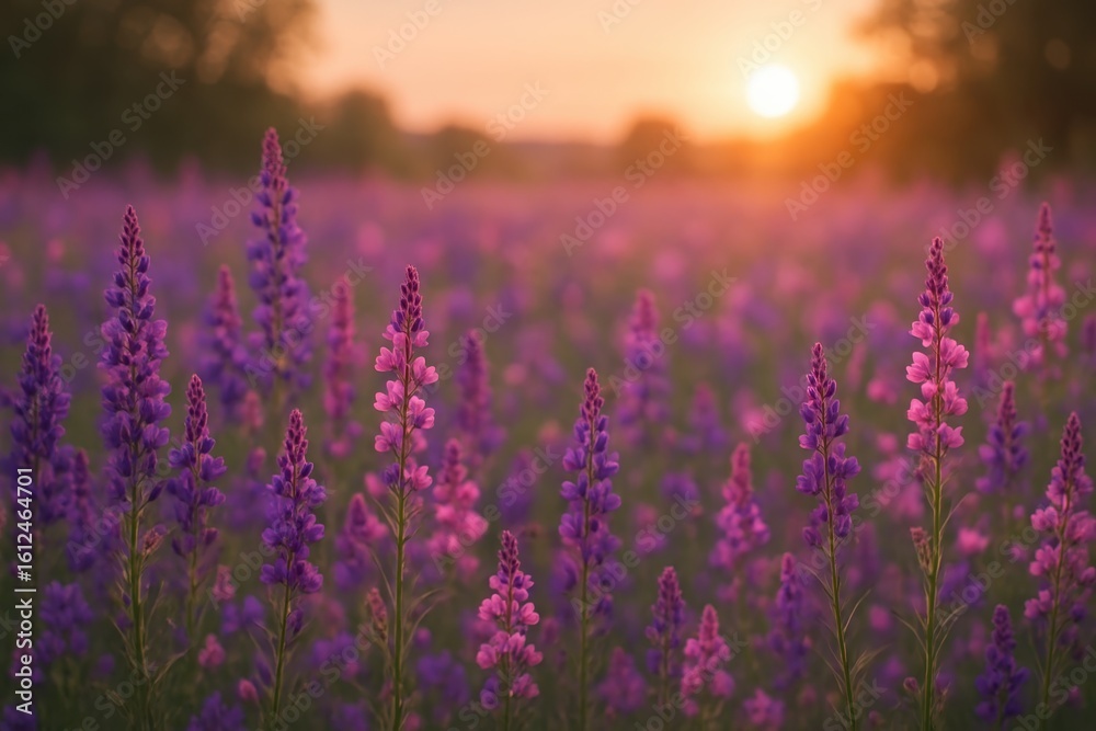 Obraz premium Enchanting wildflower meadow bathed in golden sunset light with dreamy bokeh effects