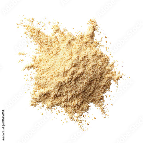 Light beige powder spills in a blob shape on a black background