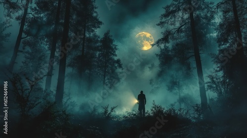 Silhouetted person holding a flashlight standing in a foggy dense forest under a glowing full moon illuminating the misty night sky