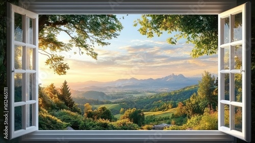 Open window framing a panoramic view of a lush green valley with rolling hills, trees, and distant mountains under a bright sky at sunrise or sunset, evoking peace and tranquility