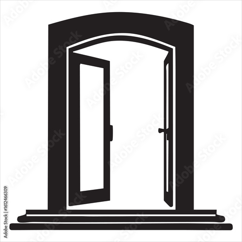 Black silhouette of an open arched doorway with steps in a vintage architectural style