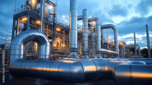 Wallpaper Mural Modern industrial chemical plant with shiny metal pipes and stacks illuminated against a cloudy blue evening sky Torontodigital.ca