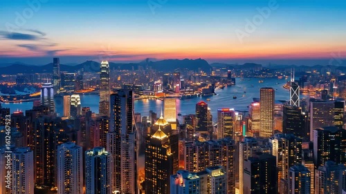 Wallpaper Mural Elevated Aerial View of Hong Kong City at Sunset with Illuminated Buildings and Colorful Sky Torontodigital.ca