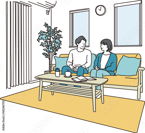 リビングのソファーでくつろぐ若い夫婦のシンプルイメージイラスト