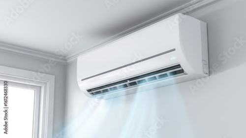 A white air conditioner unit mounted on a wall, blowing cool air into a room with a window.