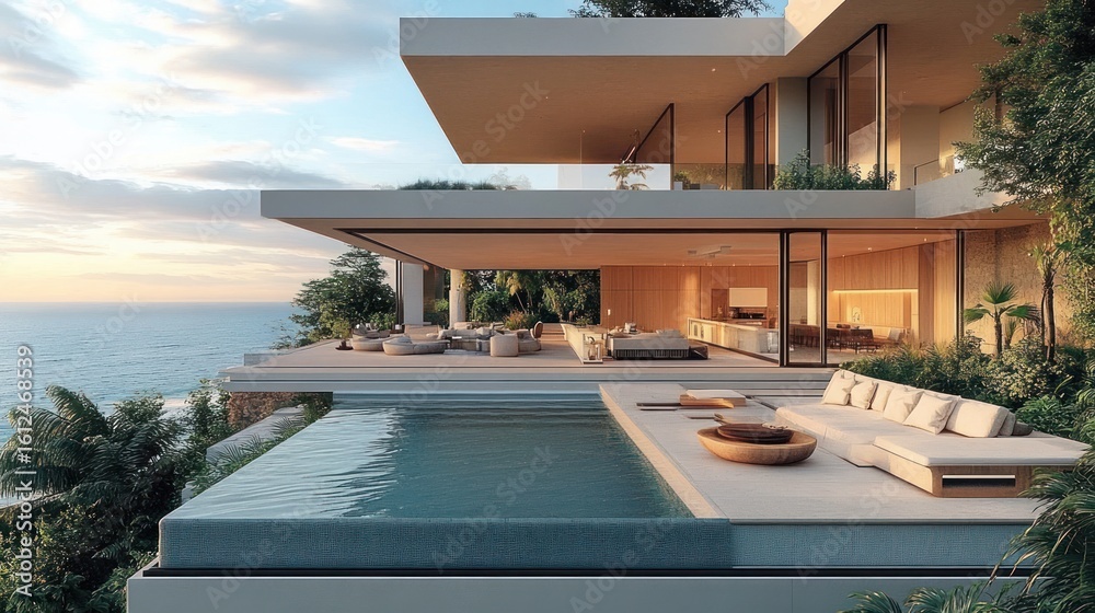 Fototapeta premium Modern luxury house with large glass walls overlooking the ocean featuring an infinity pool, outdoor lounge area, and minimalist furniture surrounded by greenery at sunset