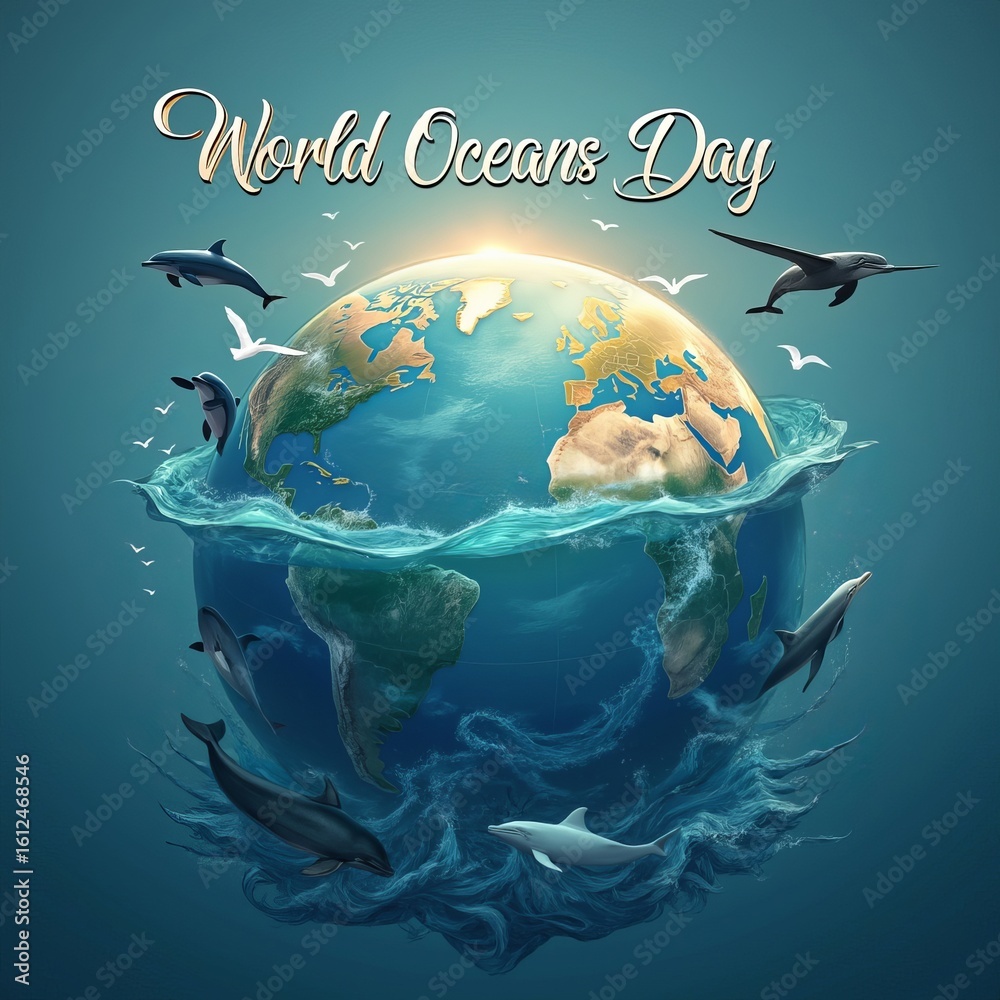 Naklejka premium Dolphins and birds surround the earth for world oceans day