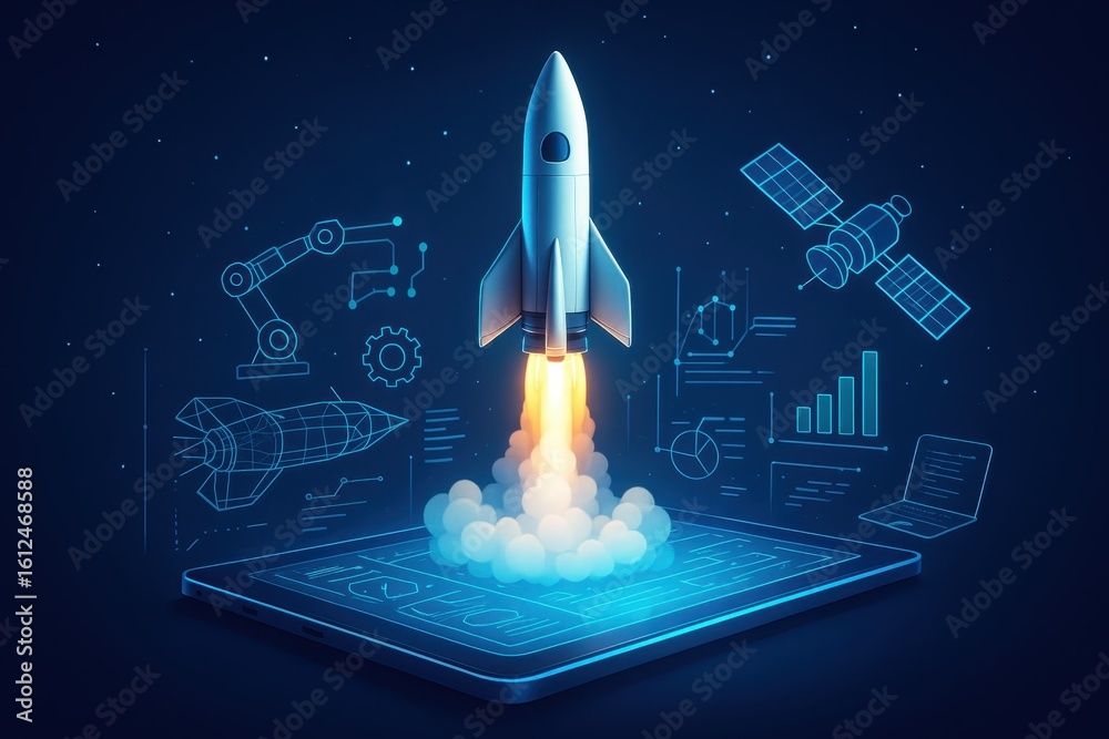 Obraz premium Space technology startup visualization with rocket launch from digital platform interface