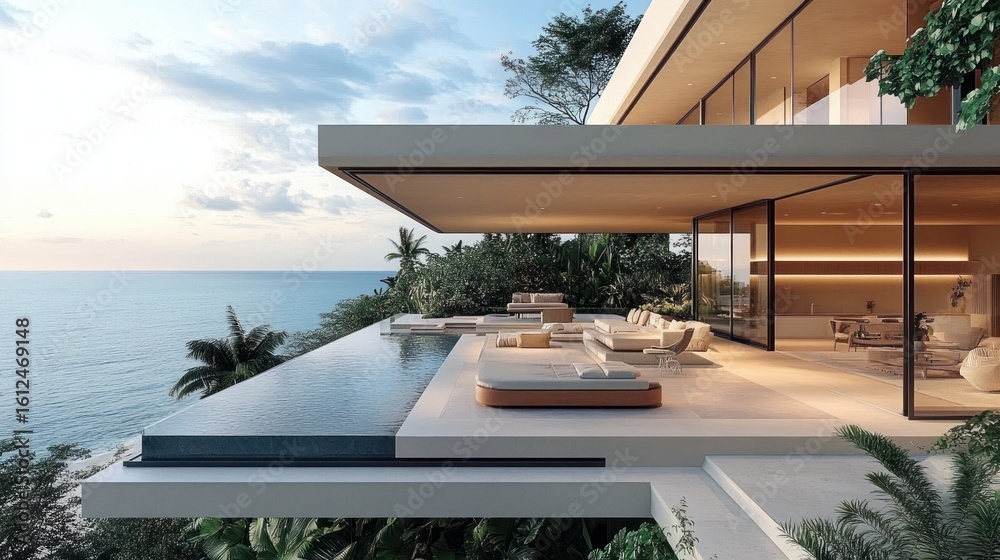 Fototapeta premium Modern luxury house with infinity pool overlooking calm ocean at sunset surrounded by lush tropical greenery