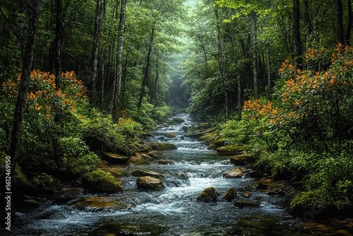 Peaceful forest stream flowing over rocks surrounded by lush green trees and vibrant orange flowers with misty light in the background