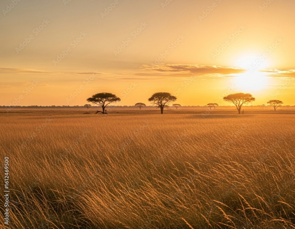 Obraz premium Vast savanna under golden sunlight, tall dry grass swaying gently, warm and open space