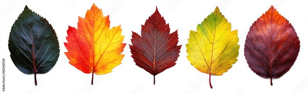 Fototapeta premium Five individual autumn leaves arranged in a row showing a gradient of colors from dark green to bright red, orange, yellow, and deep maroon on a white background