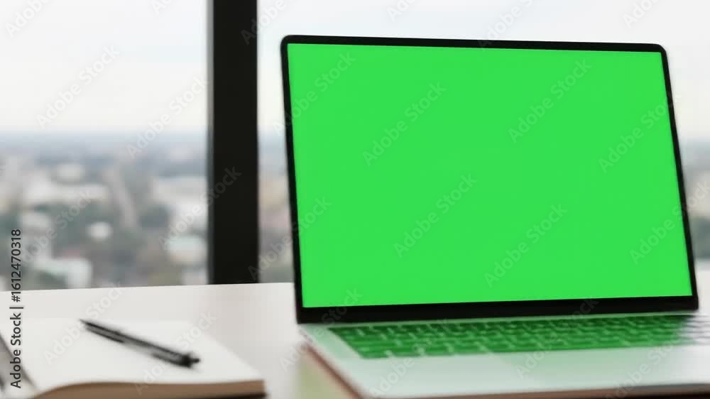 Laptop Computer with Green Screen in Modern Office Setting