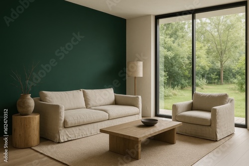 Contemporary living space with forest green accent wall and natural fiber textures throughout