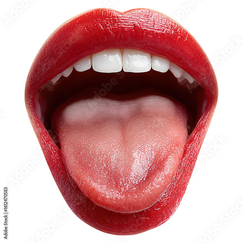 Pop art red lips with licking tongue concept. Open mouth with red lips and tongue visible for artistic expression.