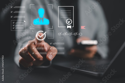 Businesswoman using smart technology to verify digital identity, KYC documents, and approve online profiles, representing secure authentication and onboarding in digital business