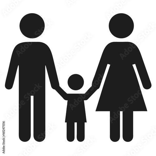 Black silhouette of a family holding hands depicting parental love and unity in a simple vector design