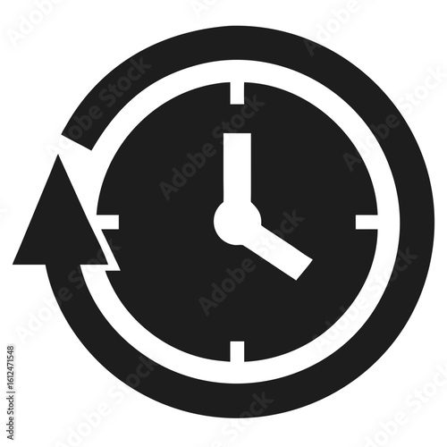 Creative black silhouette depicting time's passage symbolized by a backward arrow and clock icon on a transparent background.