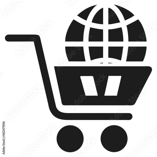 Global e-commerce shopping cart icon depicting worldwide online purchasing and digital transactions in a vector design.
