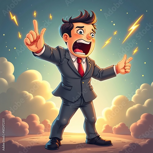 Cartoon Businessman Shouting with Lightning Cartoon Illustration Fear and Shock