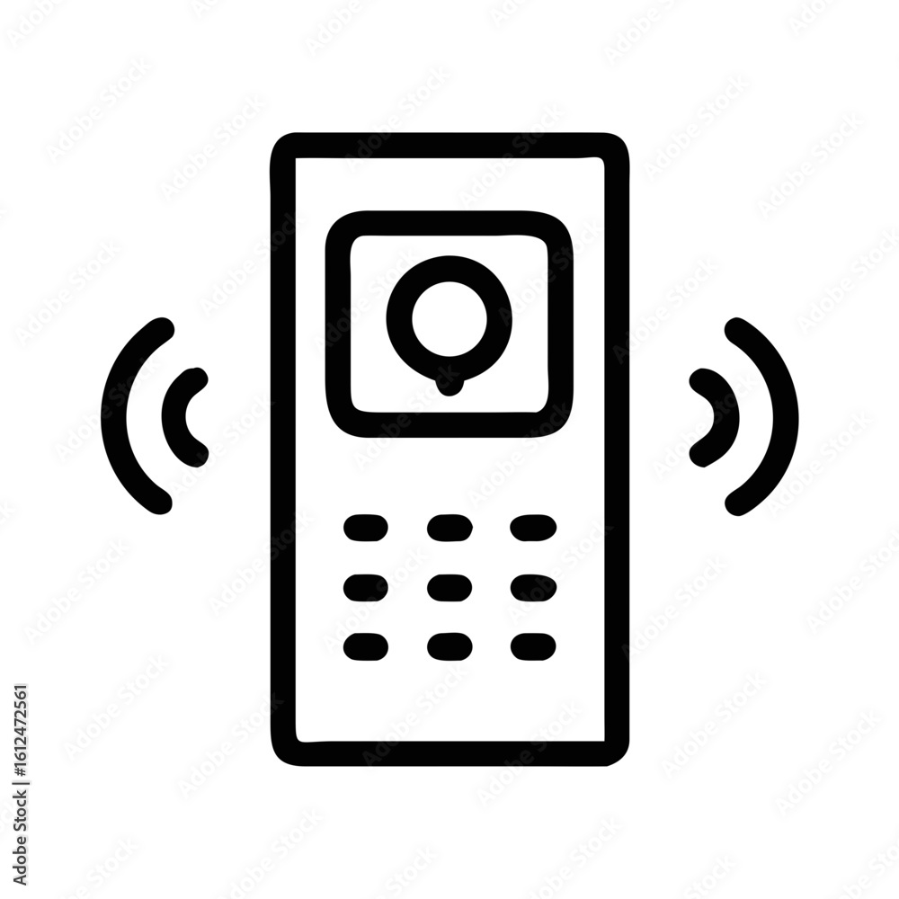 Minimalist silhouette of a doorbell intercom system design with elegant wireless communication symbols.