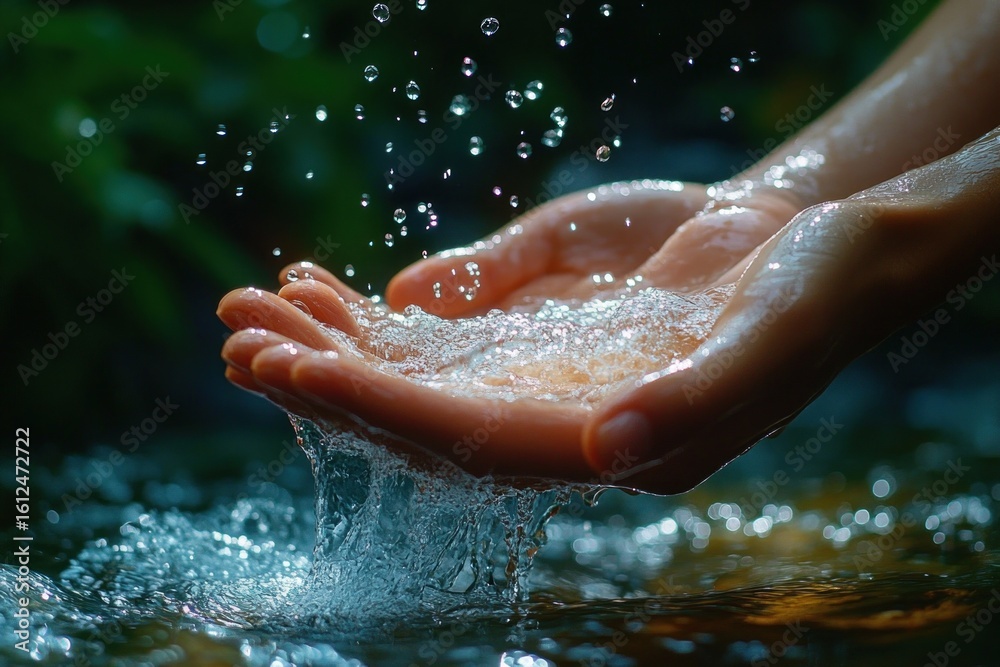 Fototapeta premium Close-up of human hands catching and holding flowing water droplets over a water surface with a blurred natural green background, evoking freshness and purity