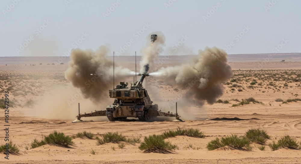 Fototapeta premium Artillery firing in desert (1)