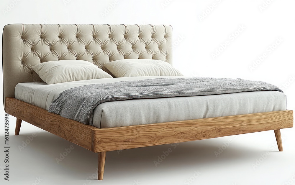Obraz premium Simple modern wooden bed frame with tufted beige headboard, two pillows, gray blanket and white bedsheet in minimalistic setting