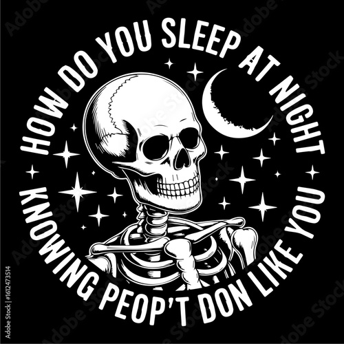A monochrome skull and ribcage illustration encircled by a crescent moon, stars, and a provocative question.