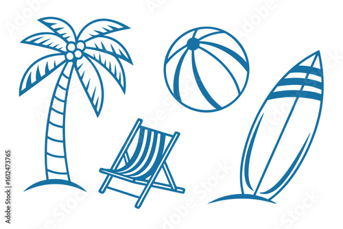 Blue beach icons palm tree surfboard beach ball deck chair