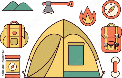 Camping gear illustration with tent axe compass and backpacks