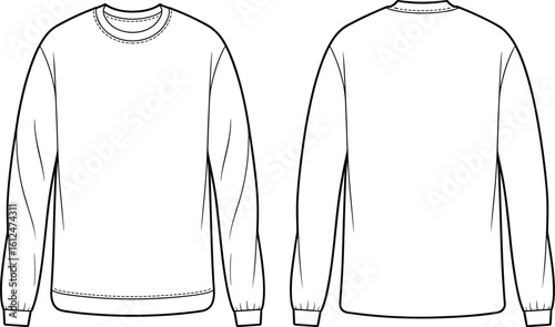 PrintClassic long-sleeve sweatshirt sketch, fashion design template, front and back view, apparel illustration, garment outline, clothing drawing for designers