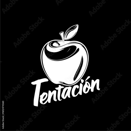 White apple illustration with the word "Tentación" (Temptation) written below on a black background.