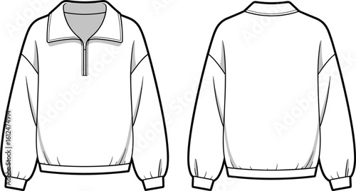 PrintWhite pullover jacket front and back view illustration, long sleeve zipper apparel design, casual fashion outerwear, stylish clothing template