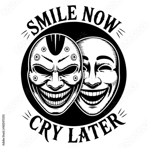 A black and white illustration featuring two theatrical masks, one smiling, the other with a menacing expression.