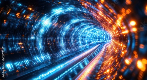 Futuristic tunnel illuminated with vibrant blue and orange digital lights creating a high-tech, dynamic, and immersive glowing pathway effect