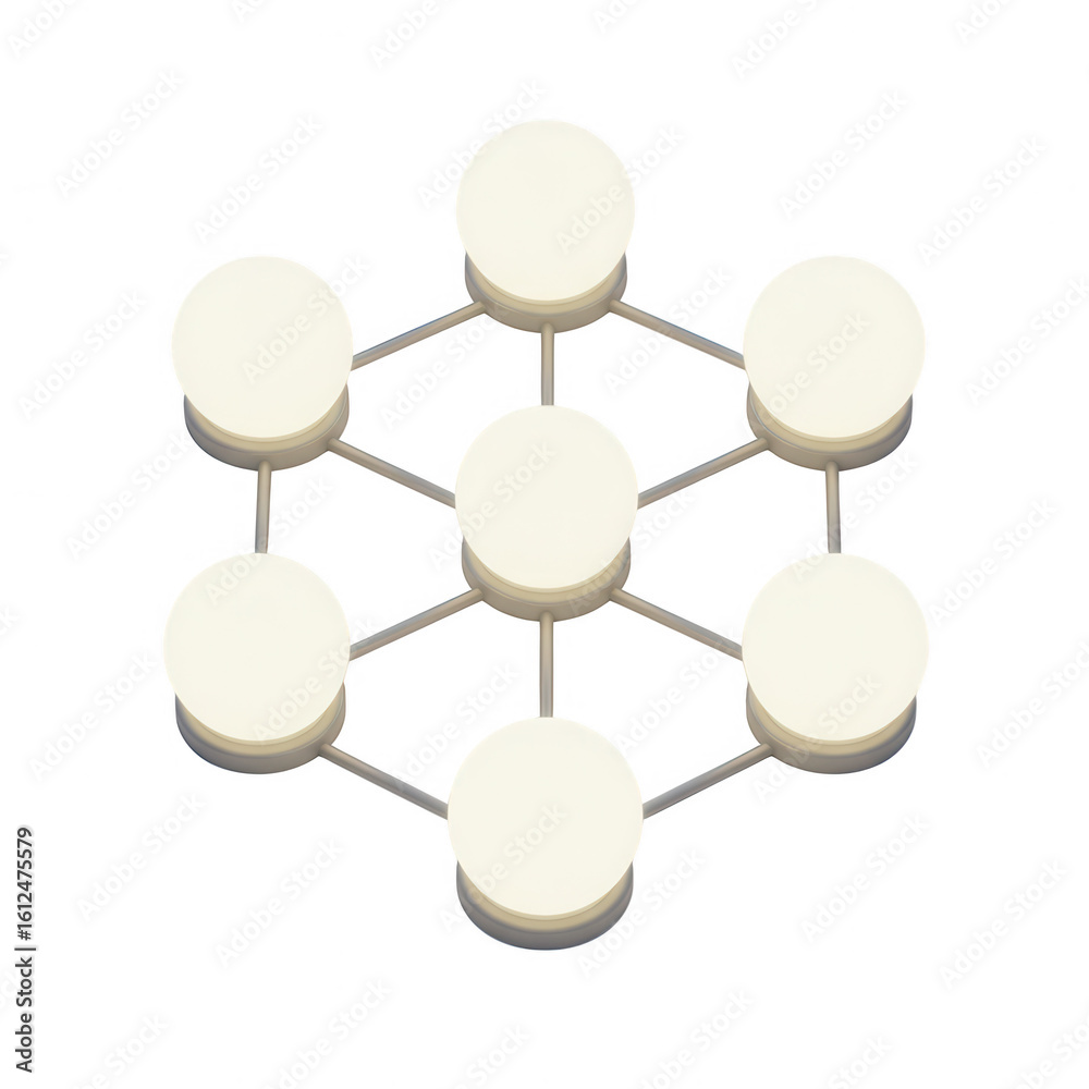 Fototapeta premium Abstract geometric network structure with seven illuminated spheres isolated on transparent background