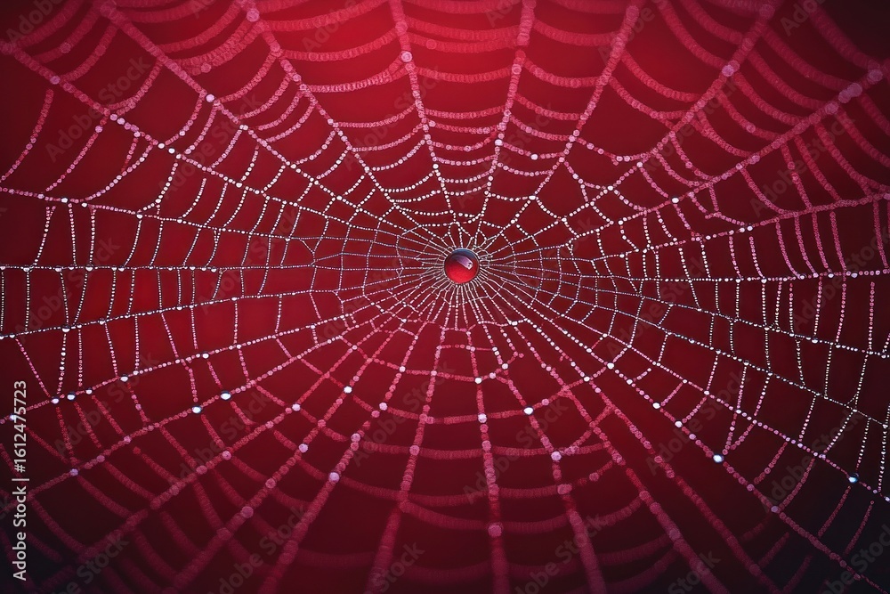 Obraz premium Intricate spider web covered in dew drops with a central drop glistening against a deep red blurred background evoking delicate natural beauty