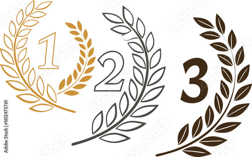 Gold Silver Bronze Laurel Wreaths with Numbers One Two Three