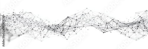Abstract black and white network of interconnected dots and lines forming wave-like geometric patterns on a white background