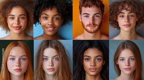 Close-up portraits of diverse young adults with natural expressions and a range of hair textures and skin tones against plain colored backgrounds