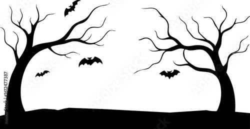 Spooky silhouettes of bare trees and bats against a backdrop of an ominous night, perfect for Halloween