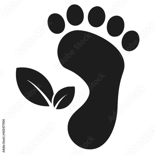 Black silhouette of a footprint with a leaf symbolizing environmental sustainability and awareness