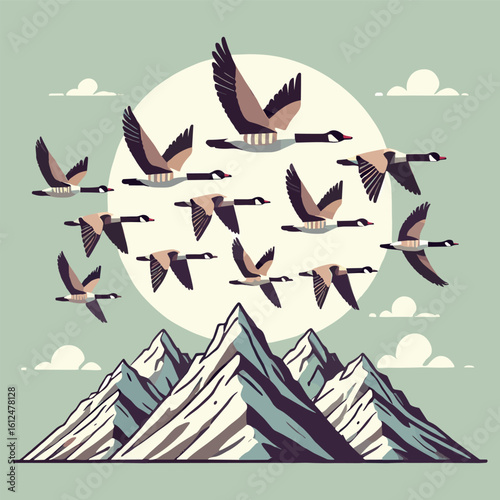 Flocks of Geese Fly Over Mountains with the Sun and Clouds in the Sky
