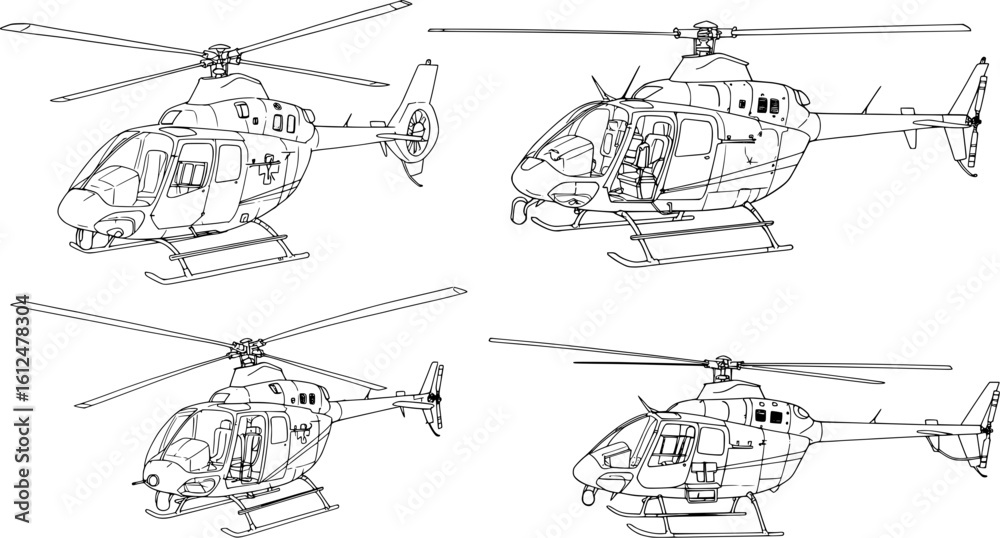 Fototapeta premium Detailed helicopter outline illustrations for aviation, transport, and engineering projects