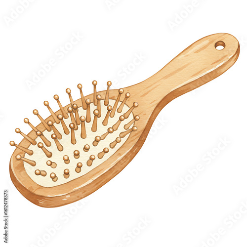 Wooden hairbrush with natural pin bristles, eco-friendly hair care tool. Watercolor style illustration isolated on white, beauty accessory.
