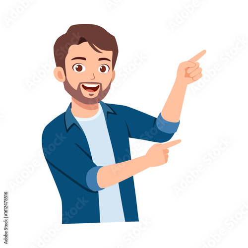 Cheerful man pointing upwards and sideways, directing attention with smiling expression in cartoon style