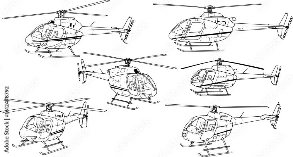 Fototapeta premium Helicopters in various angles, perfect for aviation projects, transportation designs, and more.