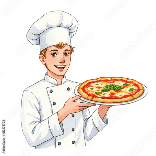 Friendly young chef character holding a fresh Pizza Margherita. Cartoon pizzaiolo mascot illustration for an Italian restaurant, isolated on white.
